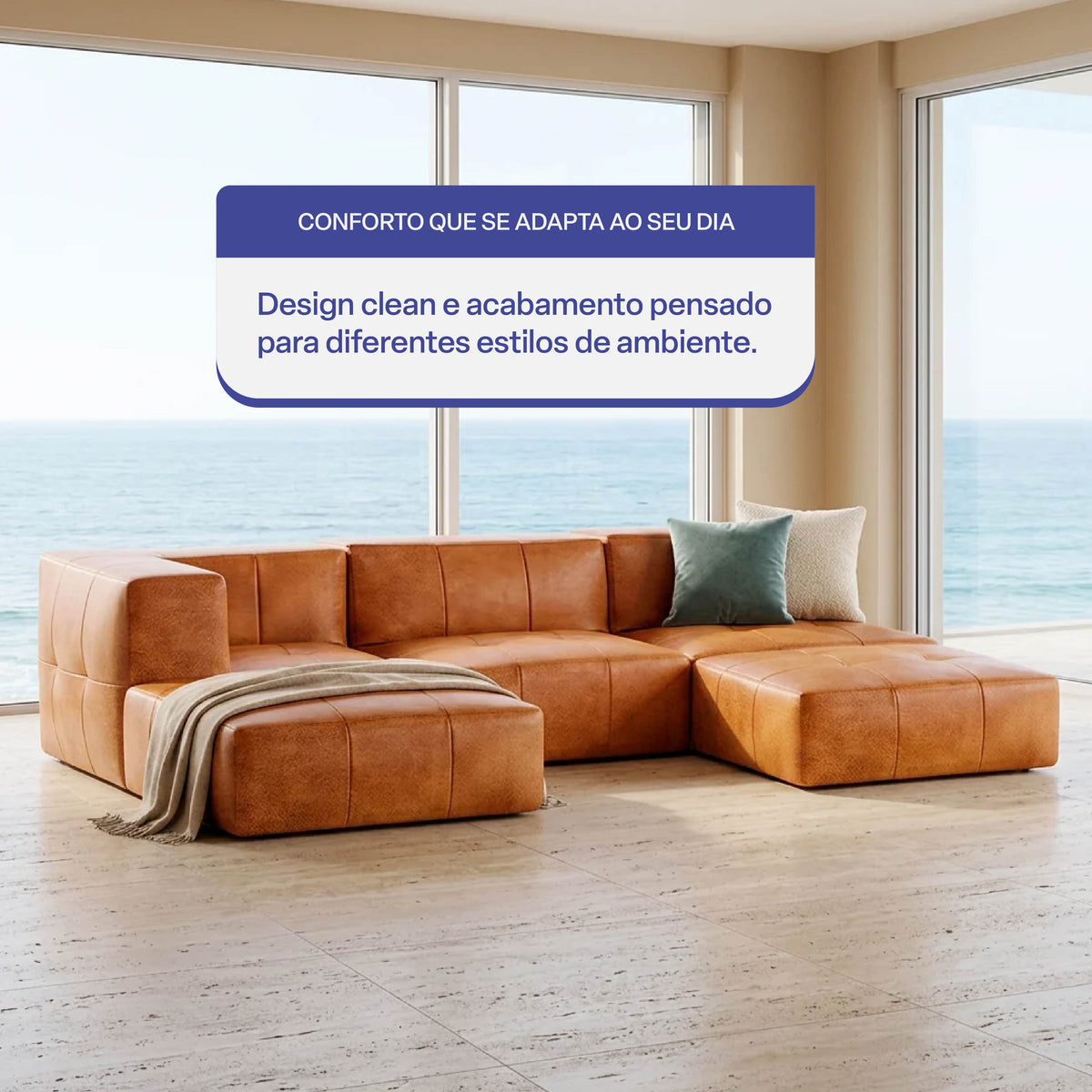 Sofá Modular 3 Lugares 1 Canto com 2 Apoios de Pé em Poli-Couro Marrom