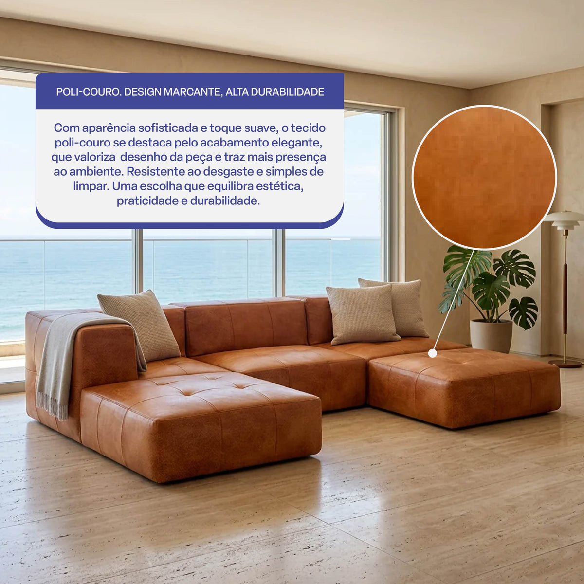 Sofá Modular 3 Lugares 1 Canto com 2 Apoios de Pé em Poli-Couro Marrom