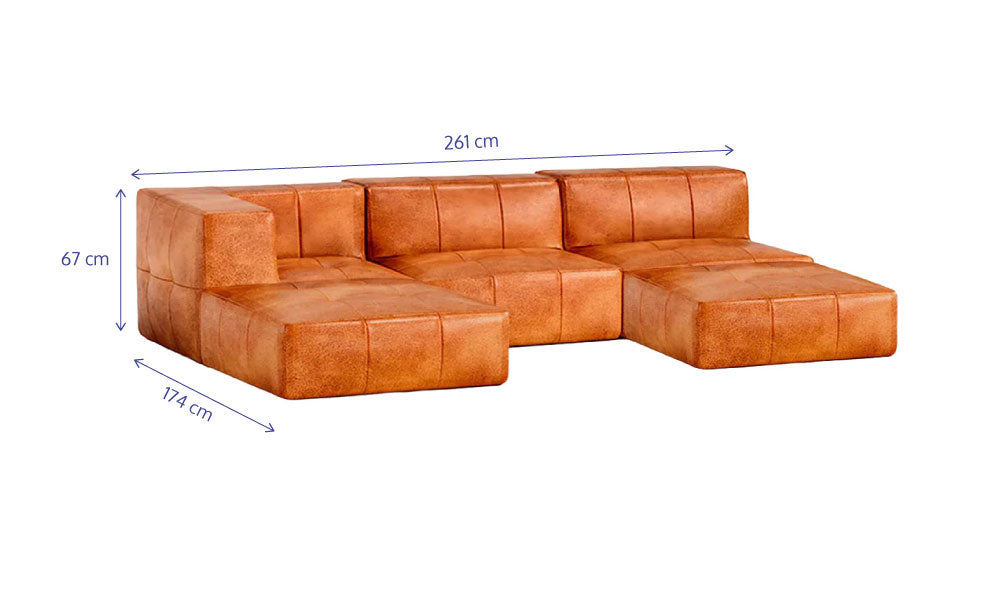 Sofá Modular 3 Lugares 1 Canto com 2 Apoios de Pé em Poli-Couro Marrom