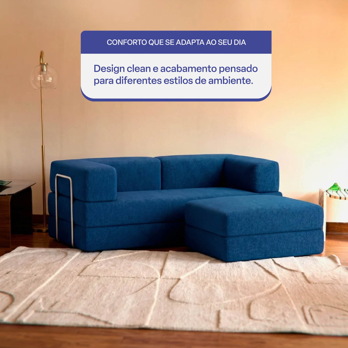 Sofá Cama Flowin com 1 Apoio de Pé em Boucle Azul Marinho
