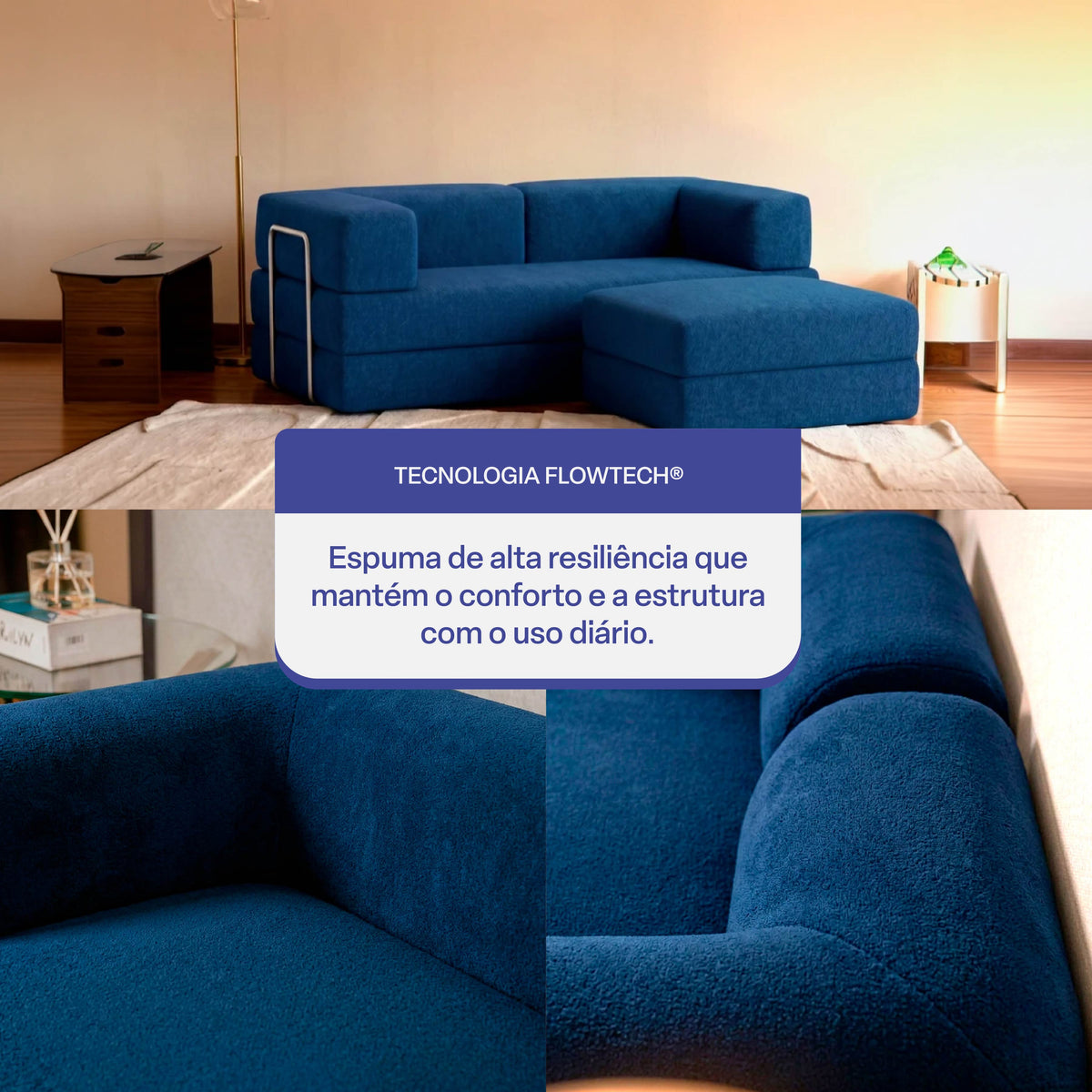Sofá Cama Flowin com 1 Apoio de Pé em Boucle Azul Marinho