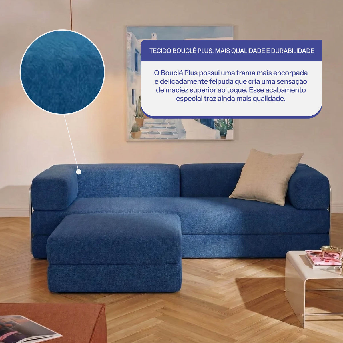 Sofá Cama Flowin com 1 Apoio de Pé em Boucle Azul Marinho
