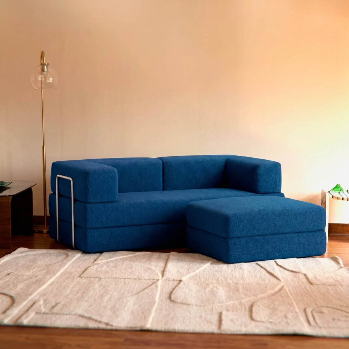 Sofá Cama Flowin com 1 Apoio de Pé em Boucle Azul Marinho