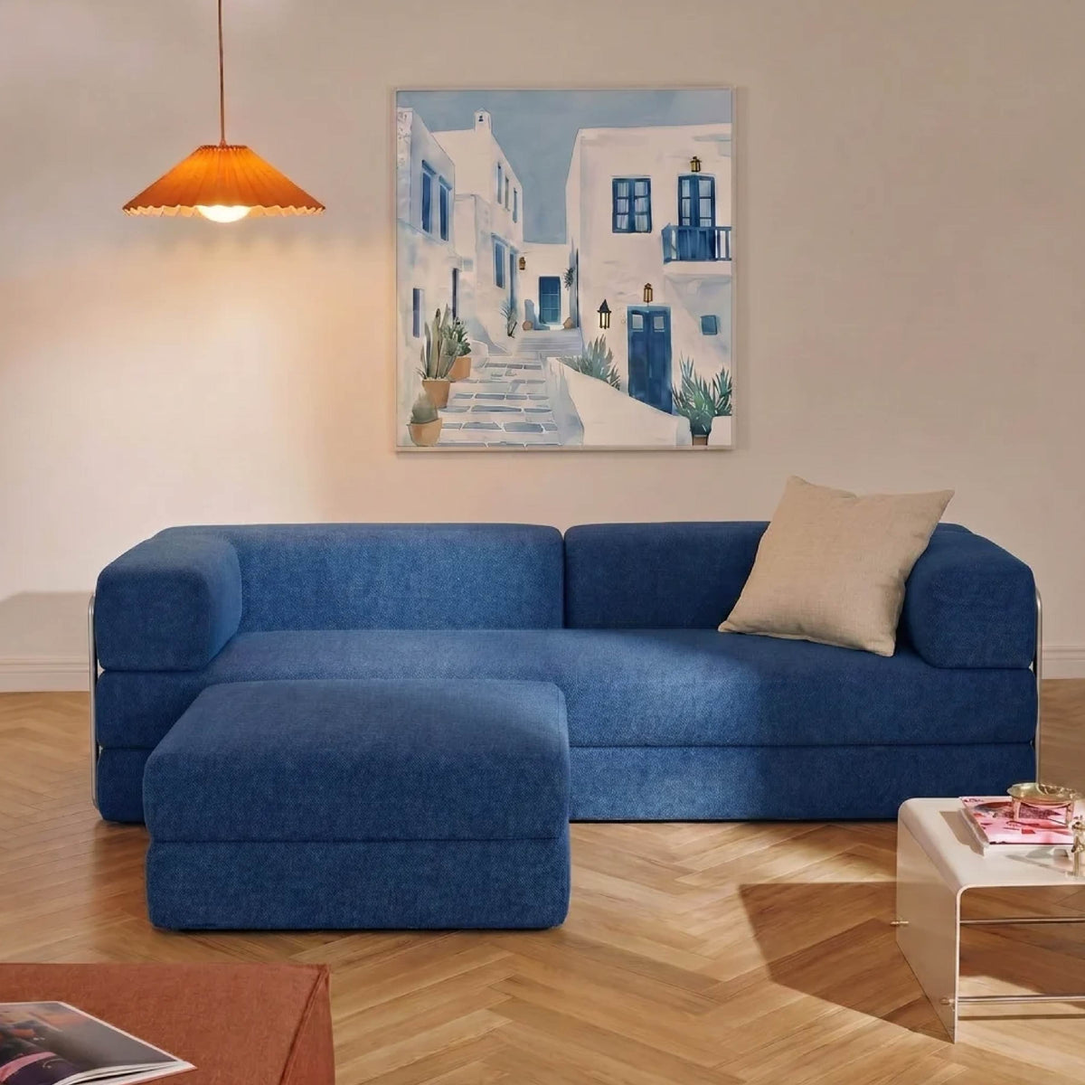 Sofá Cama Flowin com 1 Apoio de Pé em Boucle Azul Marinho