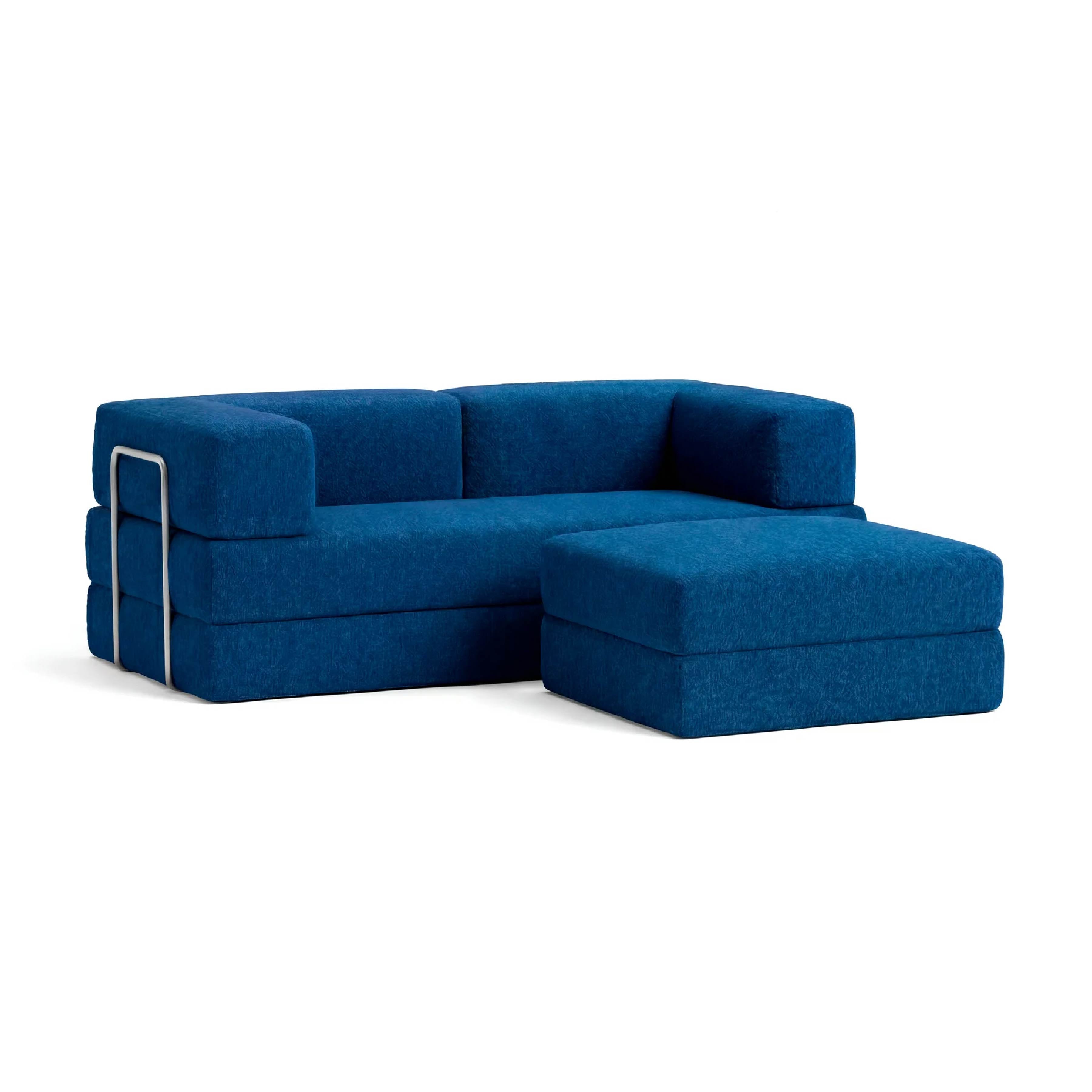 Sofá Cama Flowin com 1 Apoio de Pé em Boucle Azul Marinho