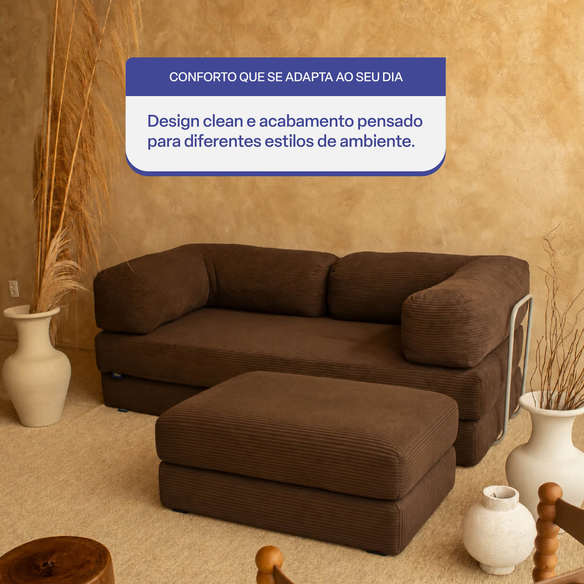 Sofá Cama Flowin com 1 Apoio de Pé em Cotele Soft Brown