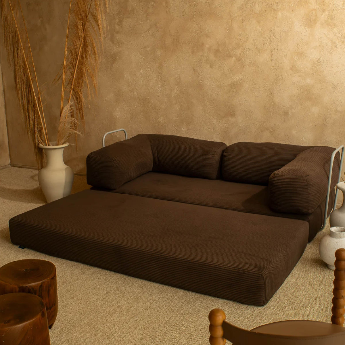 Sofá Cama Flowin com 1 Apoio de Pé em Cotele Soft Brown