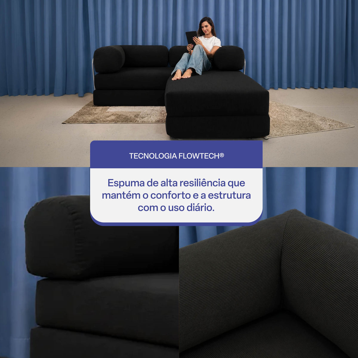 Sofá Cama Flowin com 1 Apoio de Pé em Cotele Black