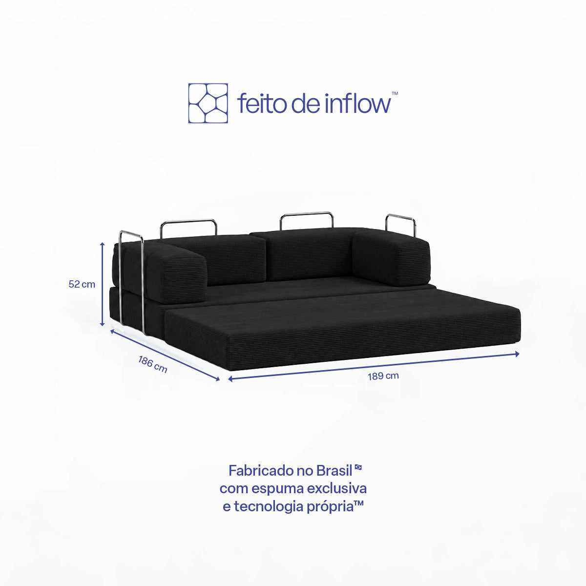Sofá Cama Flowin com 1 Apoio de Pé em Cotele Black