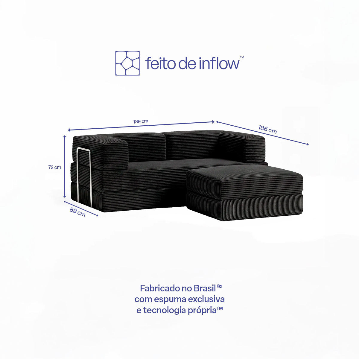 Sofá Cama Flowin com 1 Apoio de Pé em Cotele Black