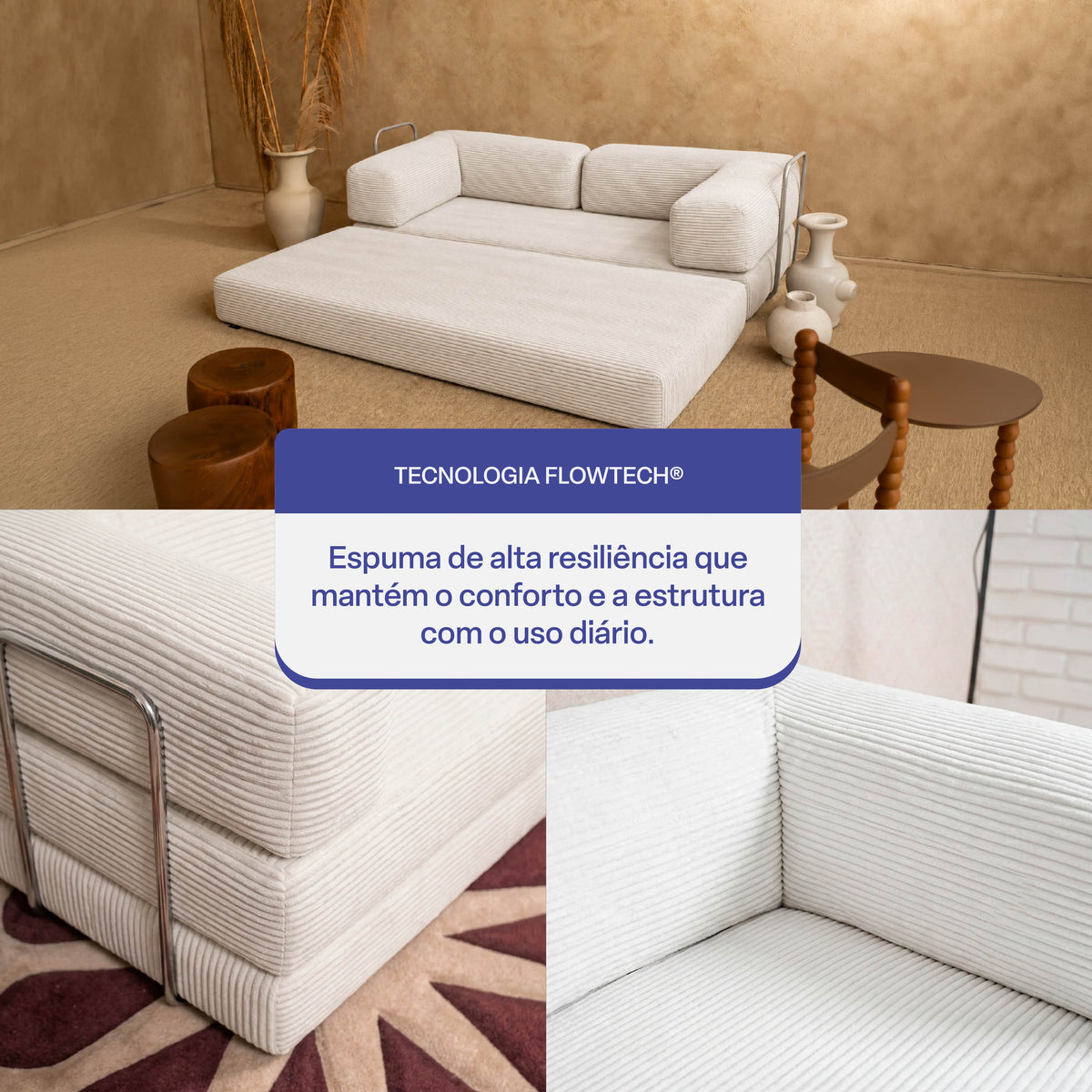 Sofá Cama Flowin com 1 Apoio de Pé em Cotele Soft Milk