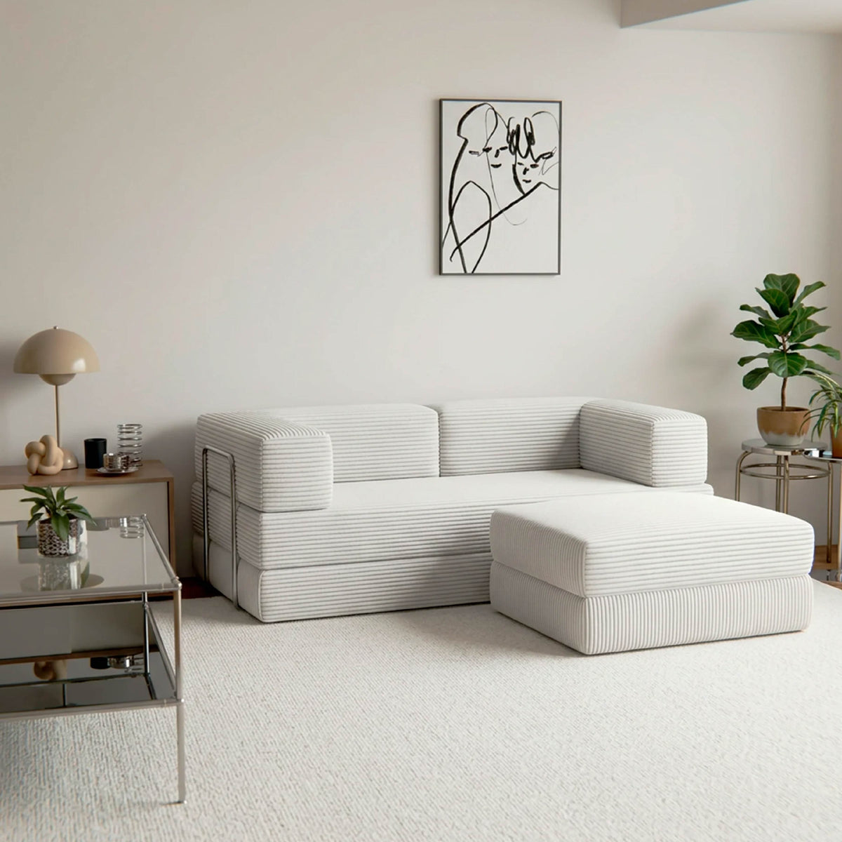 Sofá Cama Flowin com 1 Apoio de Pé em Cotele Soft Milk
