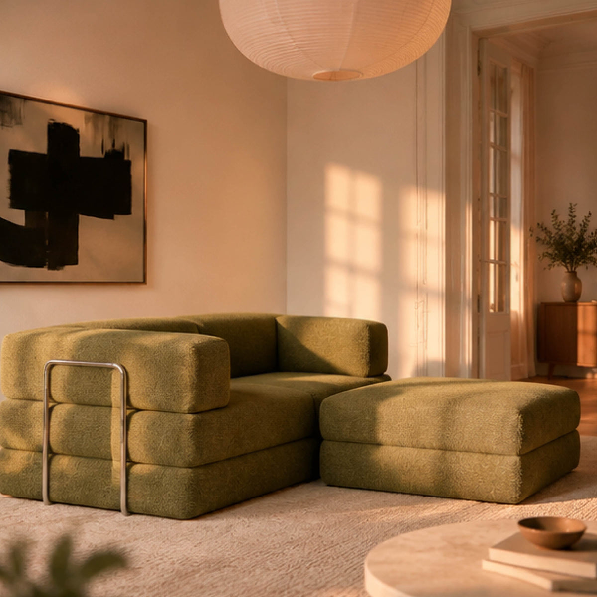 Sofá Cama Flowin com 1 Apoio de Pé em Boucle Plus Green