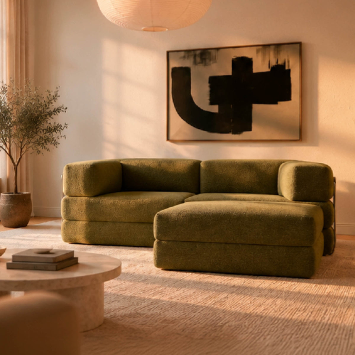 Sofá Cama Flowin com 1 Apoio de Pé em Boucle Plus Green