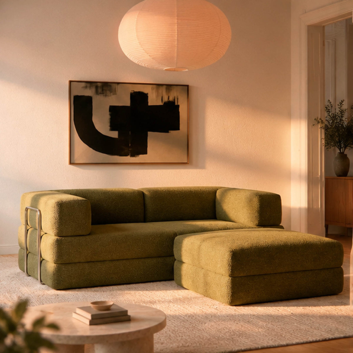 Sofá Cama Flowin com 1 Apoio de Pé em Boucle Plus Green