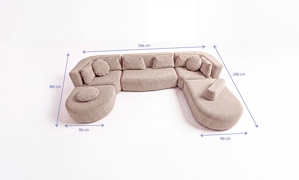 Sofá Forte - Bouclé Cloud Touch Bege - 5 Lugares | 2 Cantos - 1 Meio - 1 Puff e 1 Chaise com Encosto