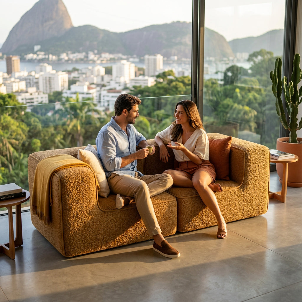 Sofá Modular Flow 2 Lugares 2 Cantos em Boucle Plus Mostarda