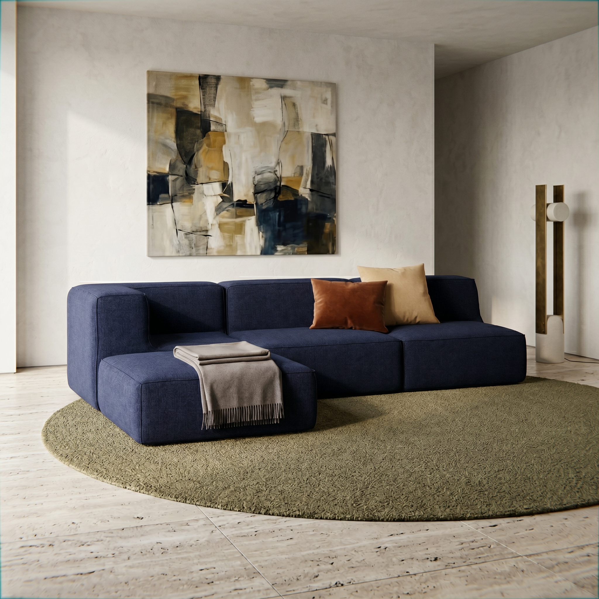 Sofá Modular Flow 3 Lugares 1 Canto com 1 Apoio de Pé em Boucle Azul Marinho