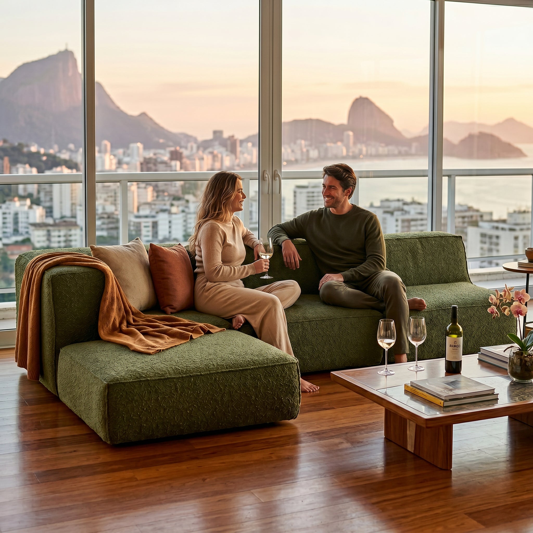 Sofá Modular Flow 3 Lugares  1 Canto com 1 Apoio de Pé em Boucle Plus Green