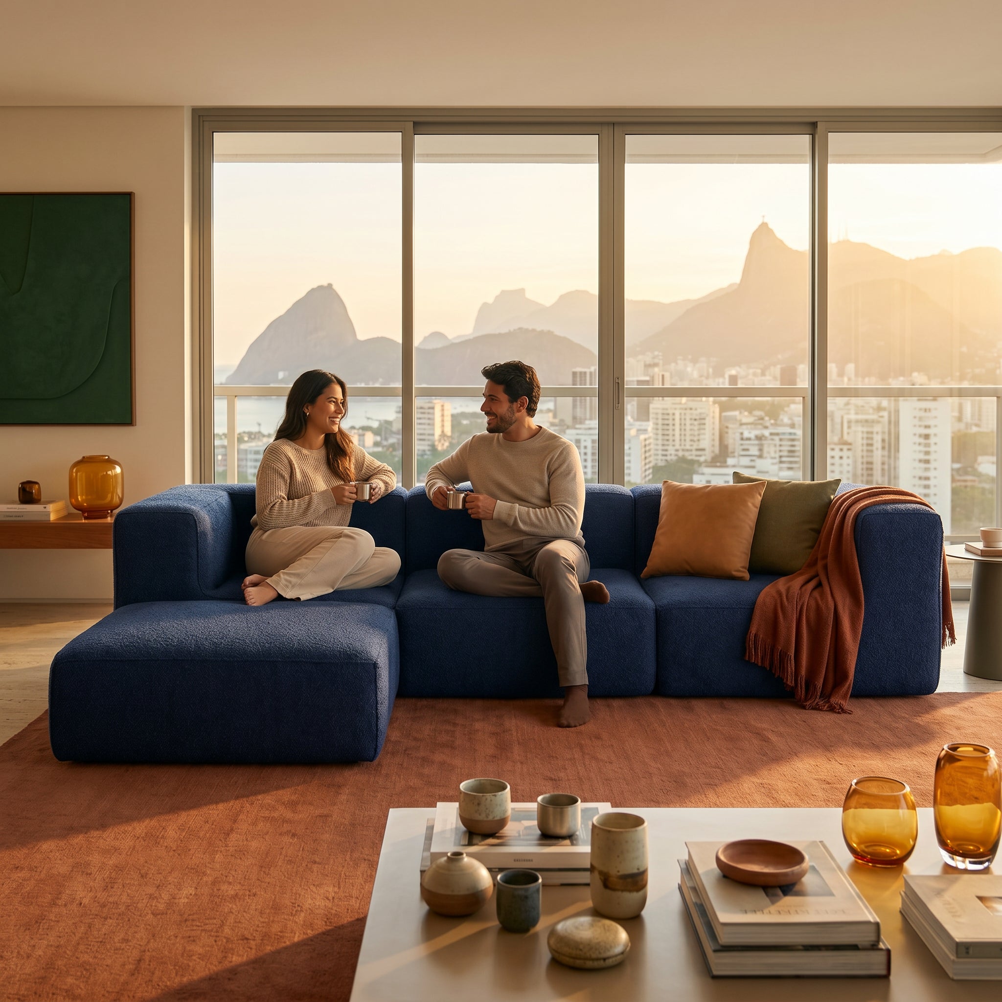 Sofá Modular Flow 3 Lugares 2 Cantos com 1 Apoio de Pé em Boucle Azul Marinho