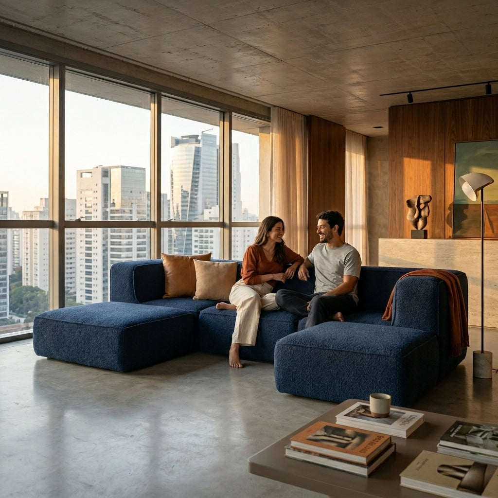 Sofá Modular Flow 3 Lugares 2 Cantos com 2 Apoios de Pé em Boucle Azul Marinho
