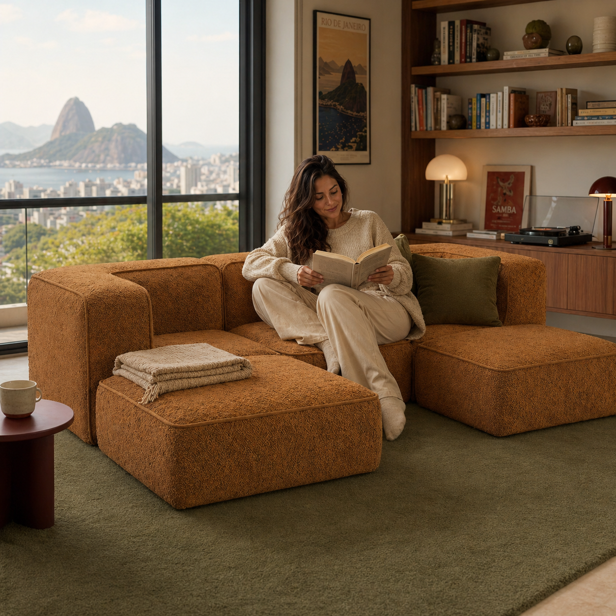 Sofá Modular Flow 3 Lugares 2 Cantos com 2 Apoios de Pé em Boucle Plus Mostarda