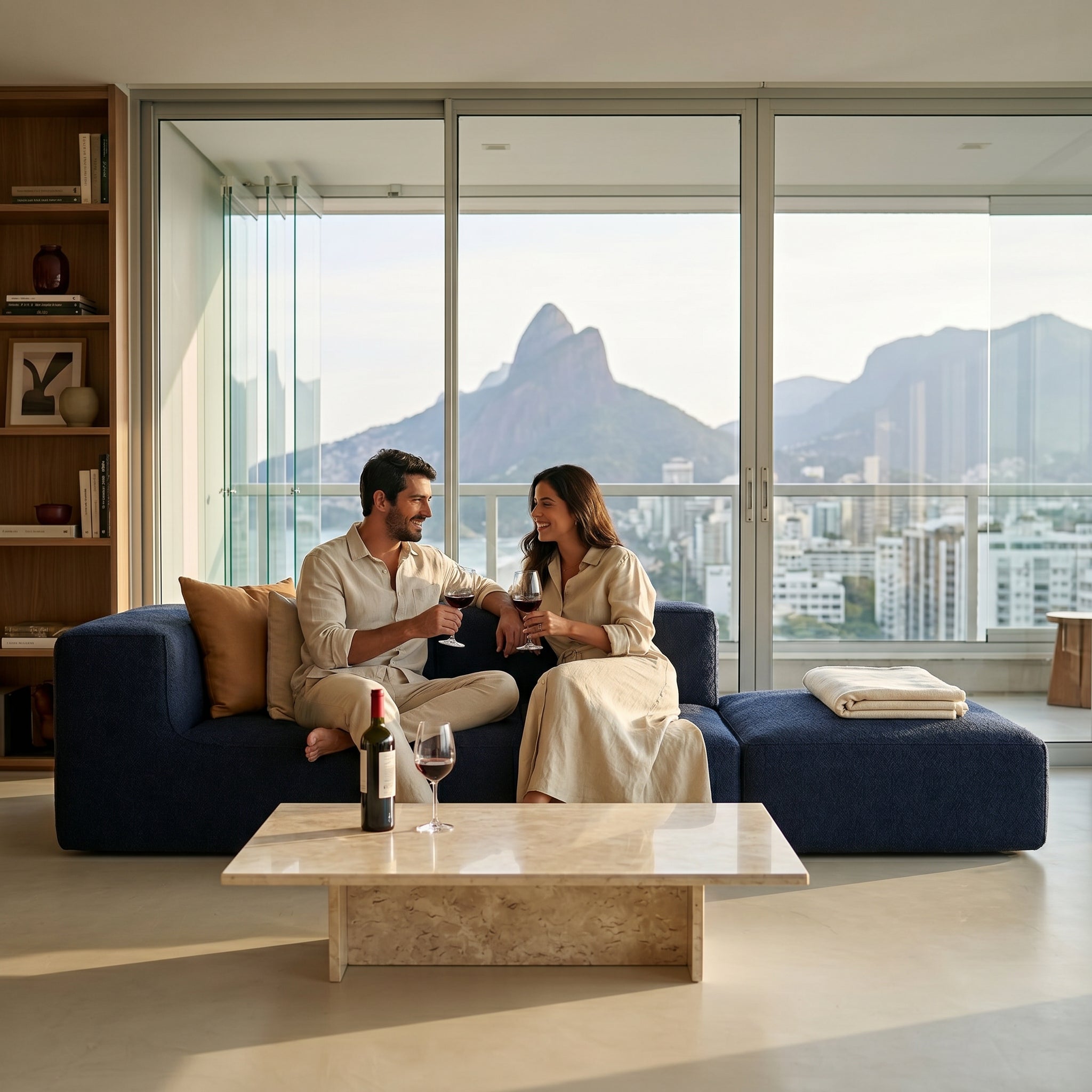 Sofá Modular Flow 2 Lugares 1 Canto com 1 Apoio de Pé em Boucle Azul Marinho