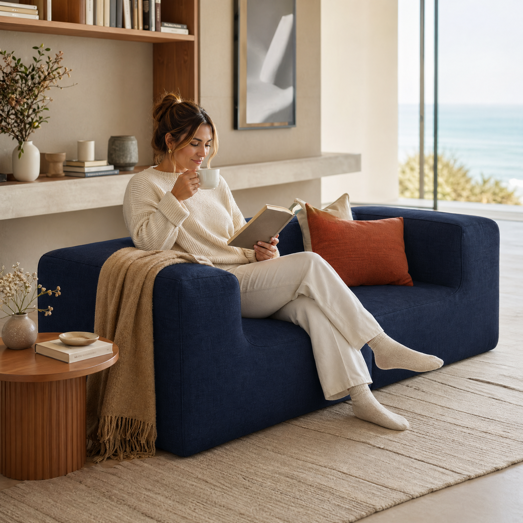 Sofá Modular Flow 2 Lugares 2 Cantos em Boucle Azul Marinho