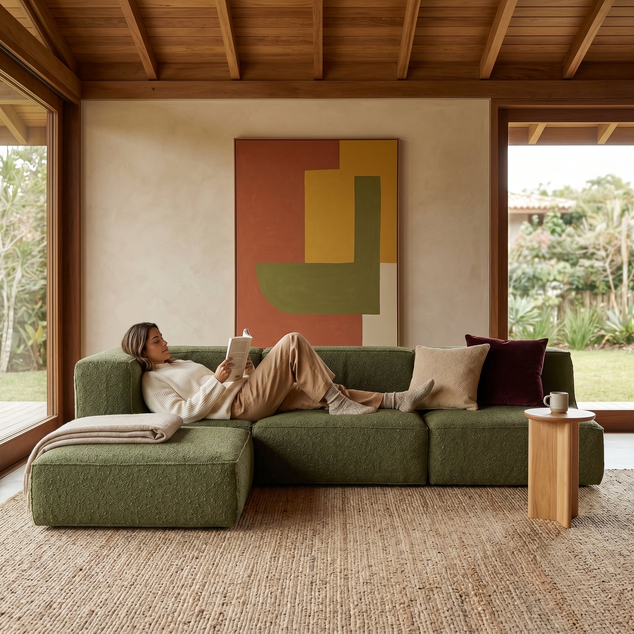 Sofá Modular Flow 3 Lugares  1 Canto com 1 Apoio de Pé em Boucle Plus Green