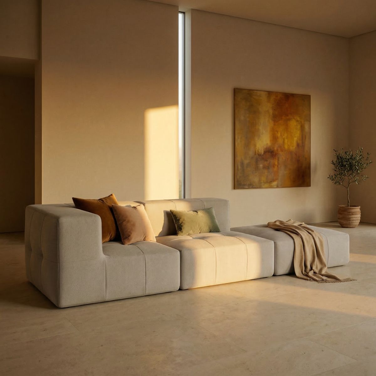 Sofá modular boucle cinza em sala iluminada