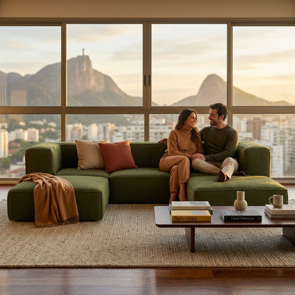 Sofá Modular Flow 3 Lugares 2 Cantos com 2 Apoios de Pé em Boucle Plus Green
