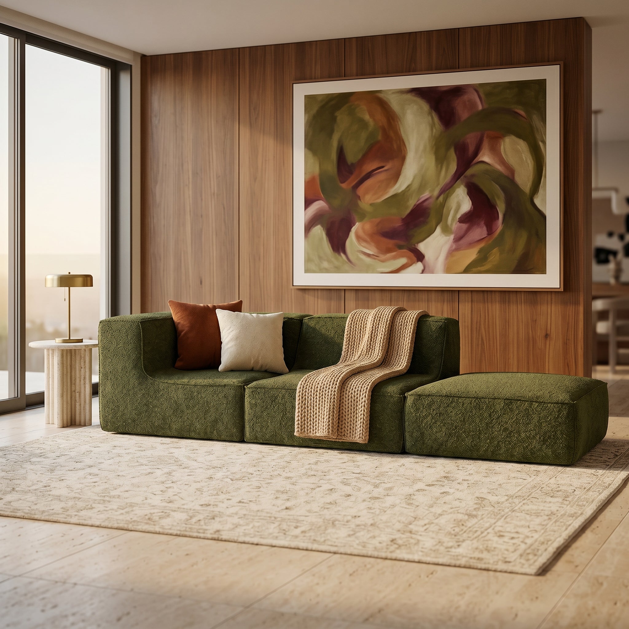 Sofá Modular Flow 2 Lugares 1 Canto com 1 Apoio de Pé em Boucle Plus Green