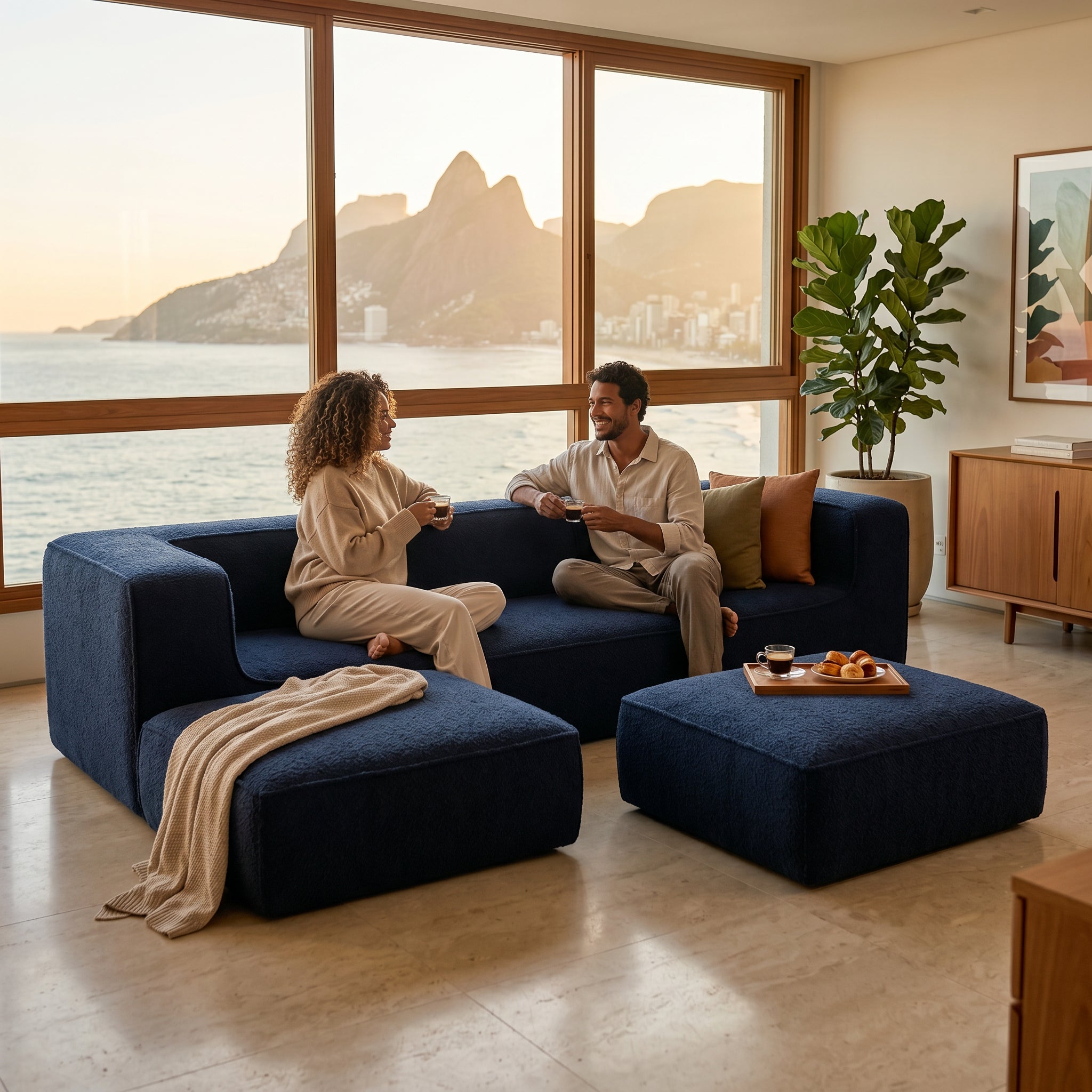 Sofá Modular Flow 3 Lugares 2 Cantos com 2 Apoios de Pé em Boucle Azul Marinho