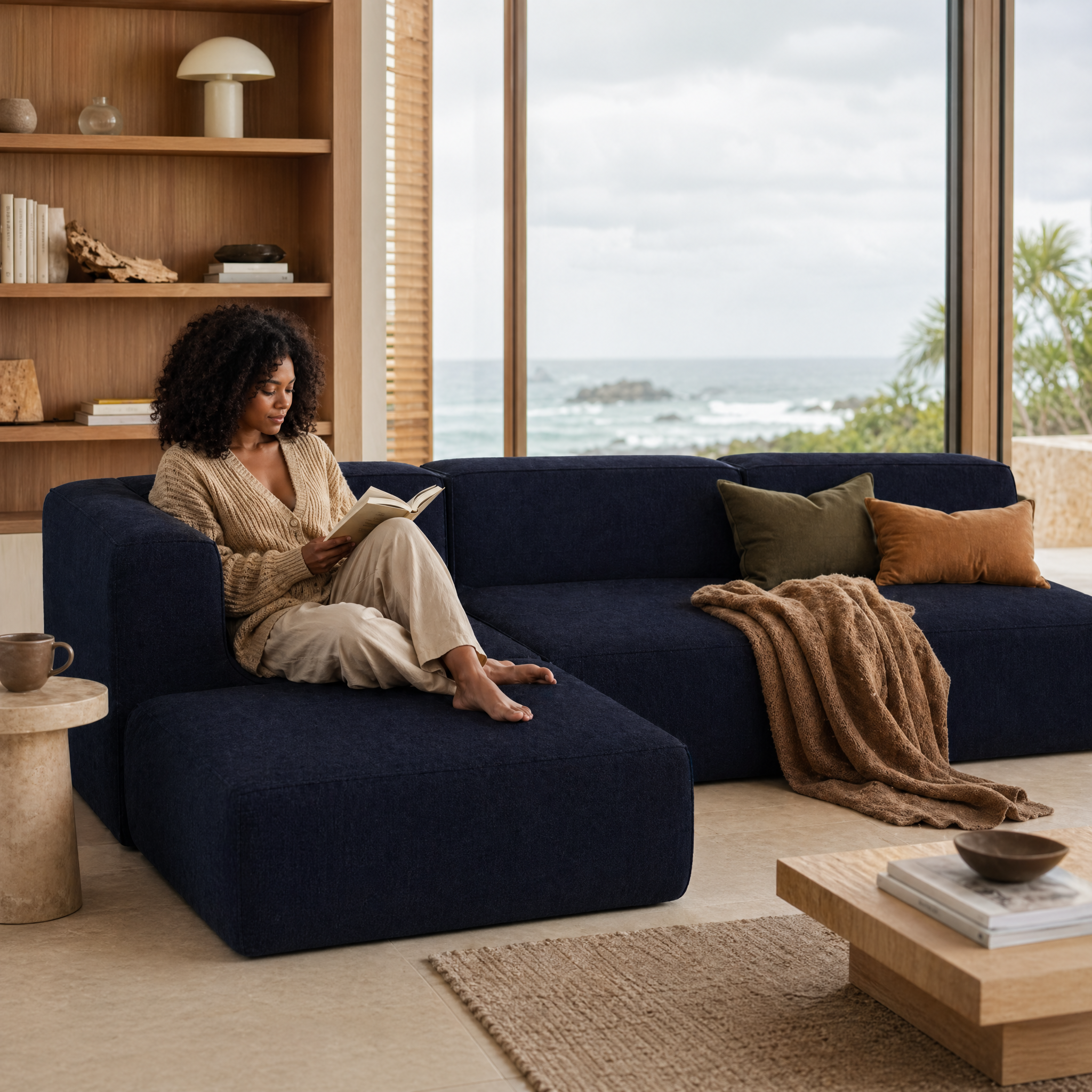 Sofá Modular Flow 3 Lugares 1 Canto com 1 Apoio de Pé em Boucle Azul Marinho