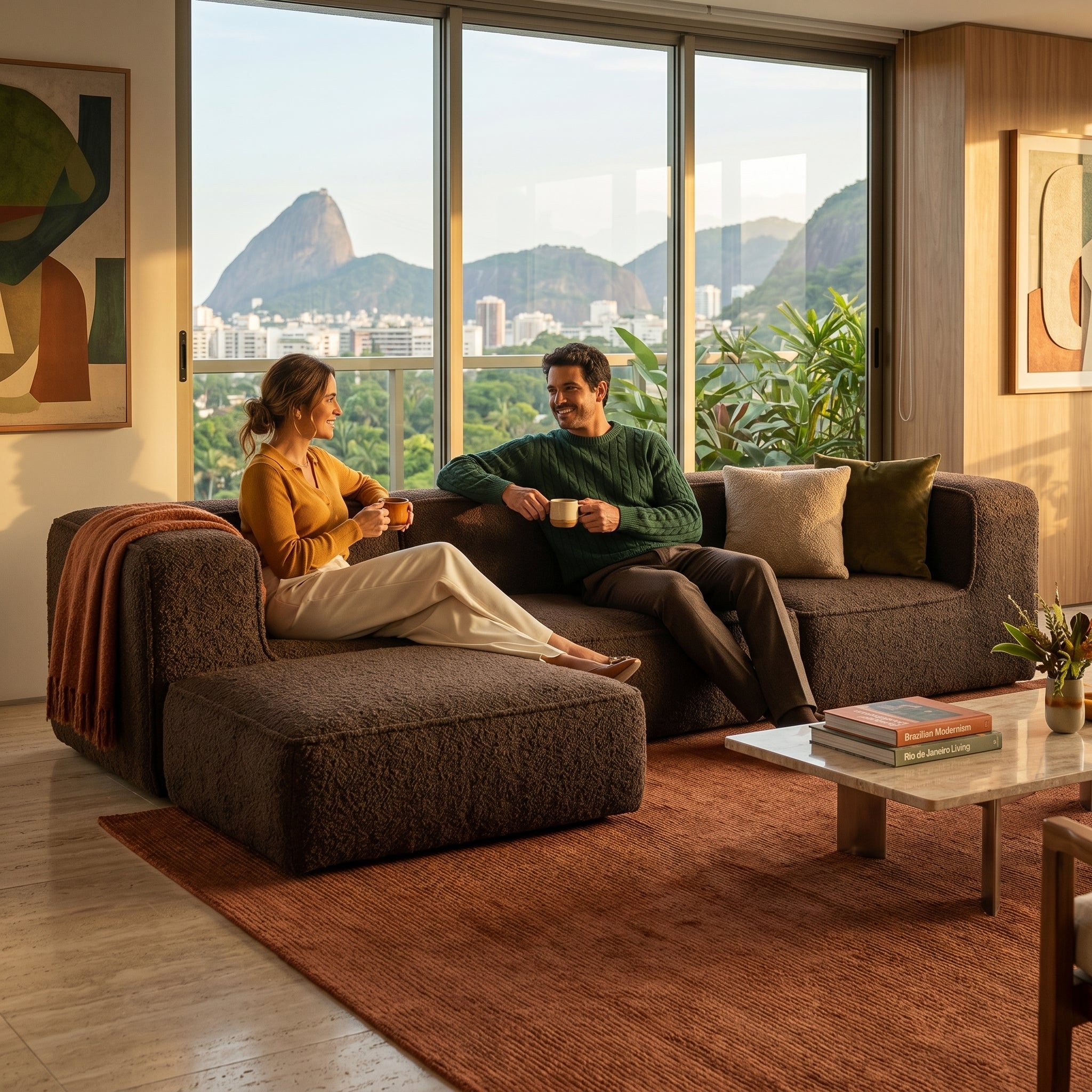 Sofá Modular Flow 3 Lugares 2 Cantos com 1 Apoio de Pé em Boucle Plus Marrom