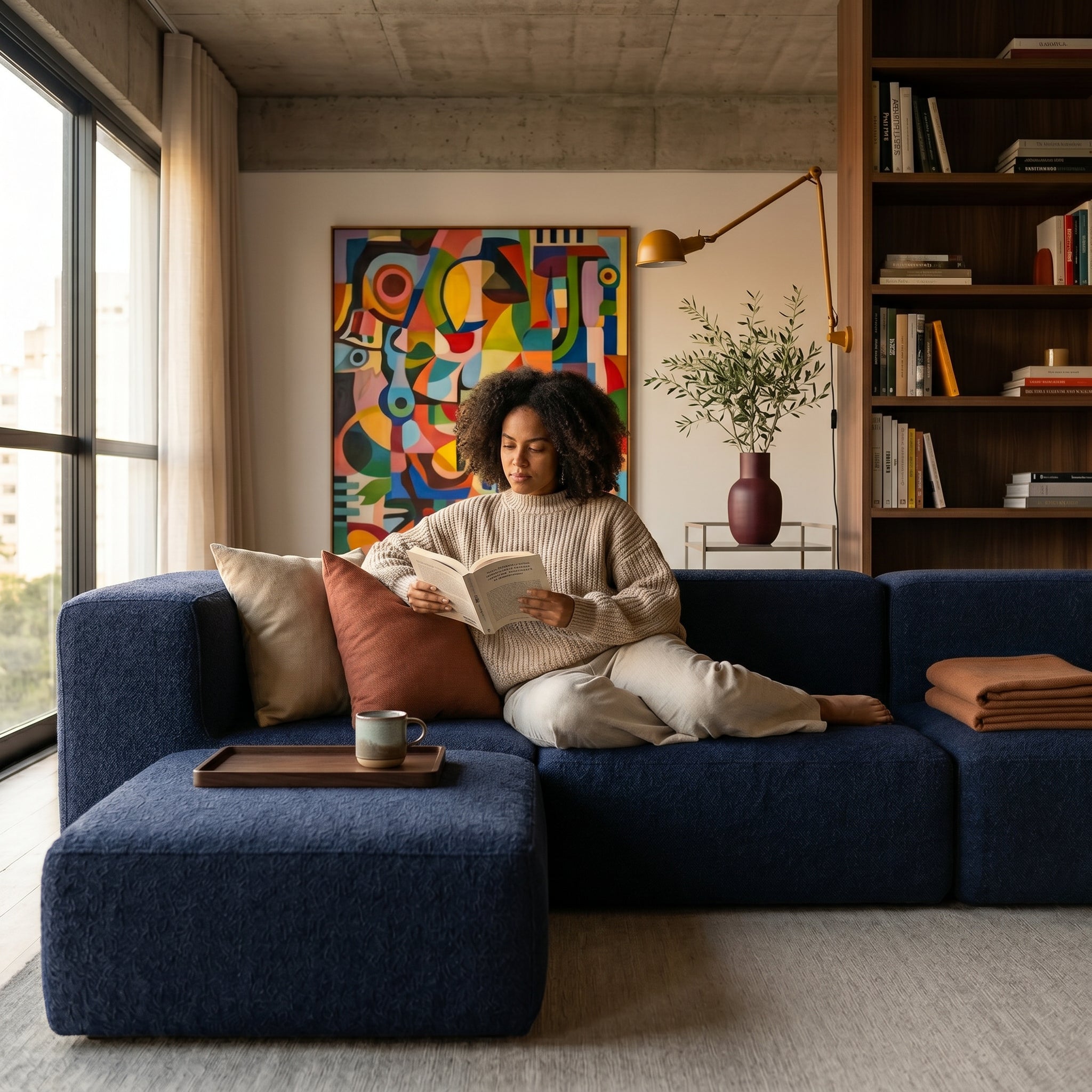 Sofá Modular Flow 3 Lugares 2 Cantos com 1 Apoio de Pé em Boucle Azul Marinho