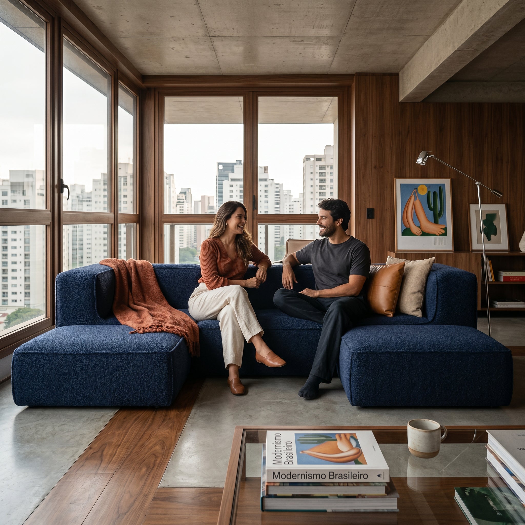 Sofá Modular Flow 3 Lugares 2 Cantos com 2 Apoios de Pé em Boucle Azul Marinho