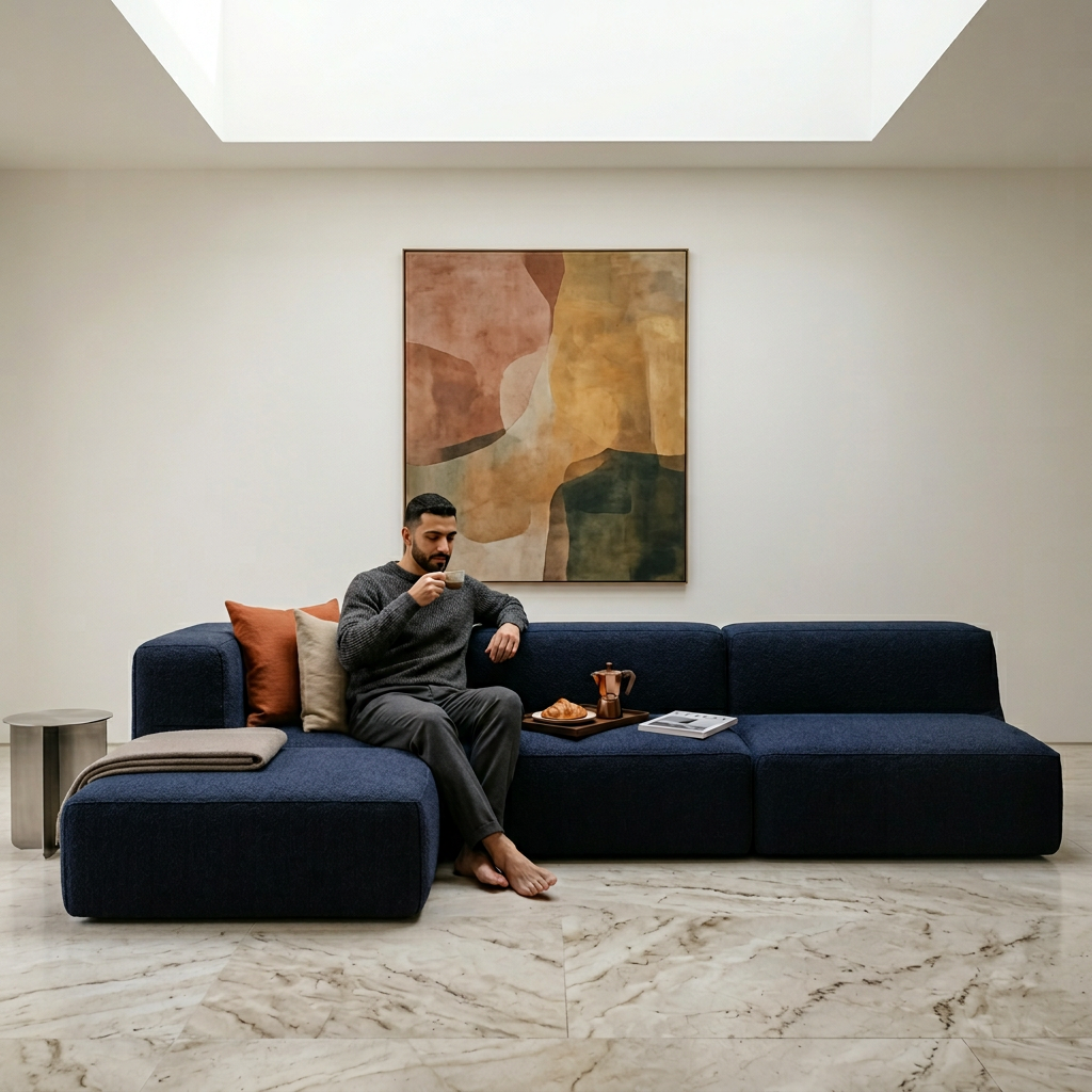 Sofá Modular Flow 3 Lugares 1 Canto com 1 Apoio de Pé em Boucle Azul Marinho