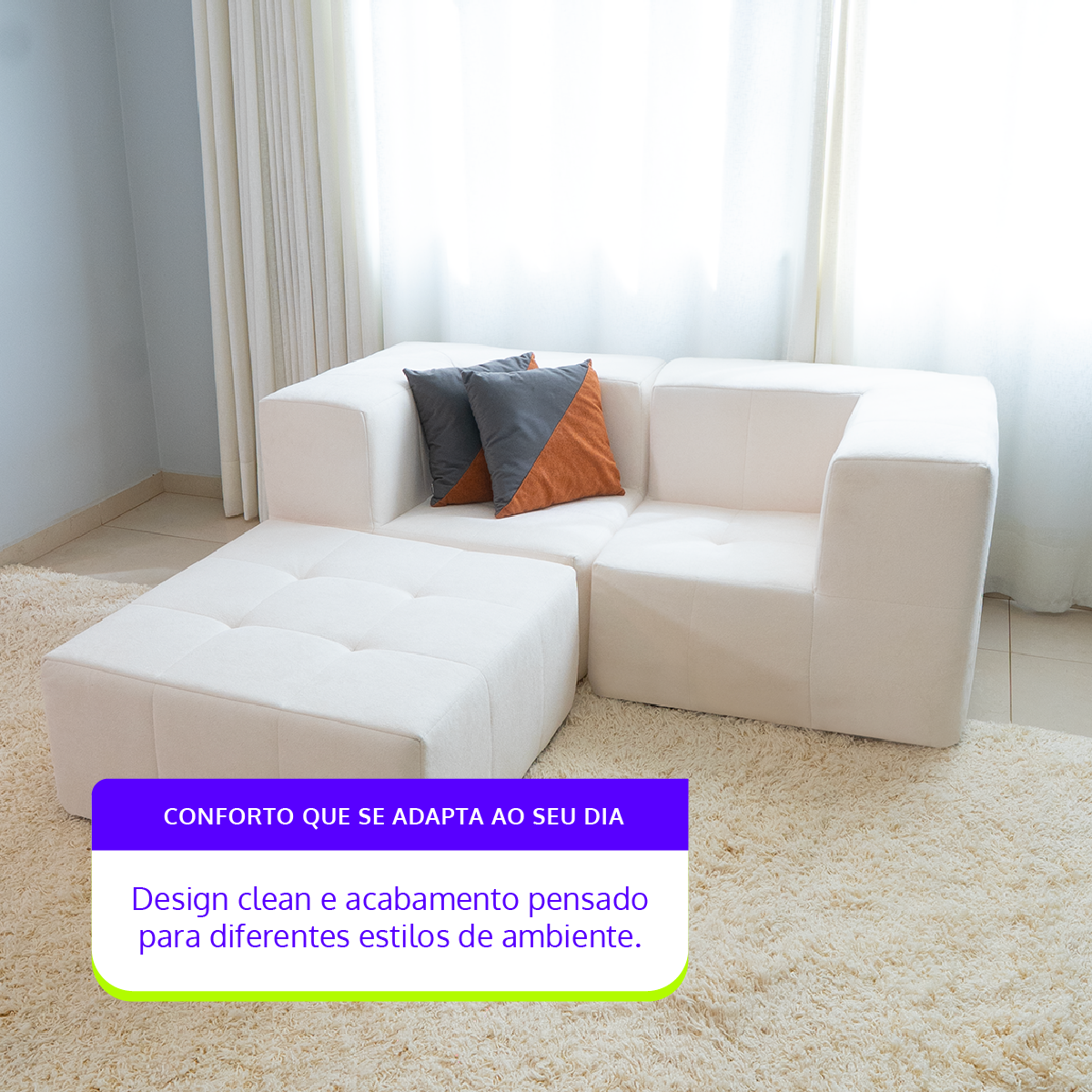 Sofá Modular 2 Lugares 2 Cantos com 1 Apoio de Pé em Boucle Bege