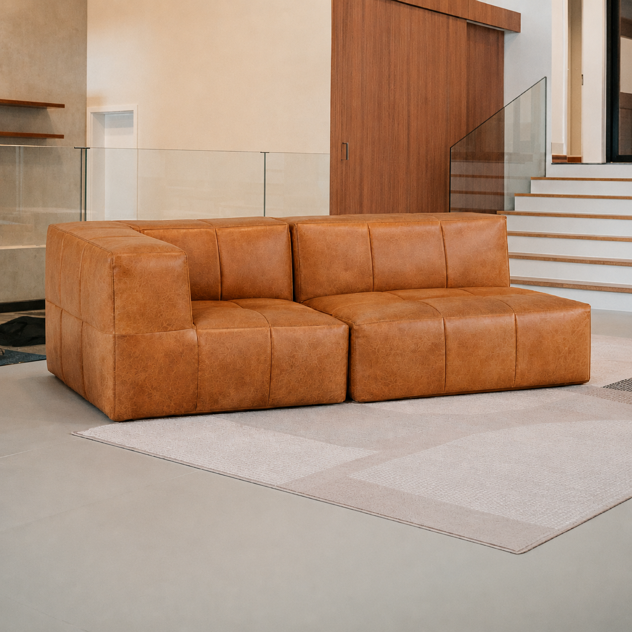Sofá Modular 2 Lugares 1 Canto em Poli-Couro Marrom
