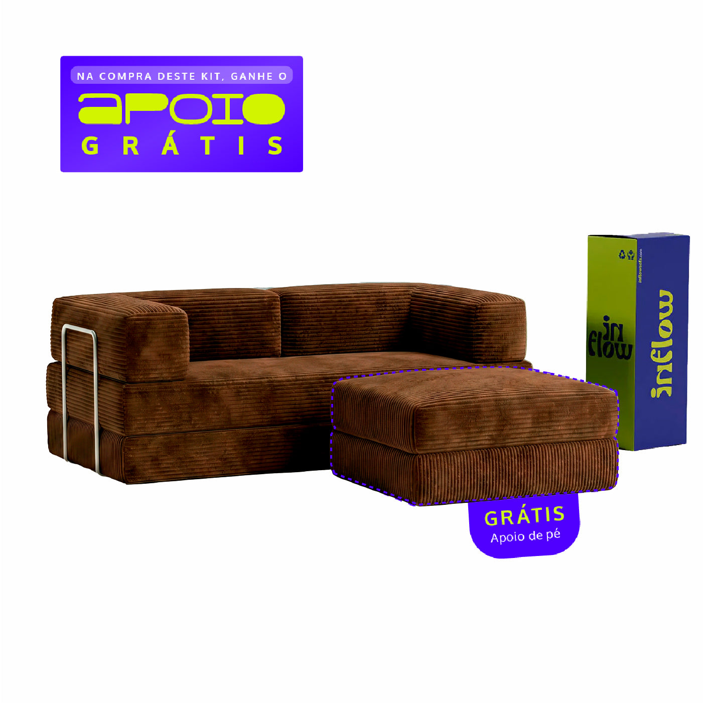 Sofá Cama Flowin com 1 Apoio de Pé em Cotele Soft Brown