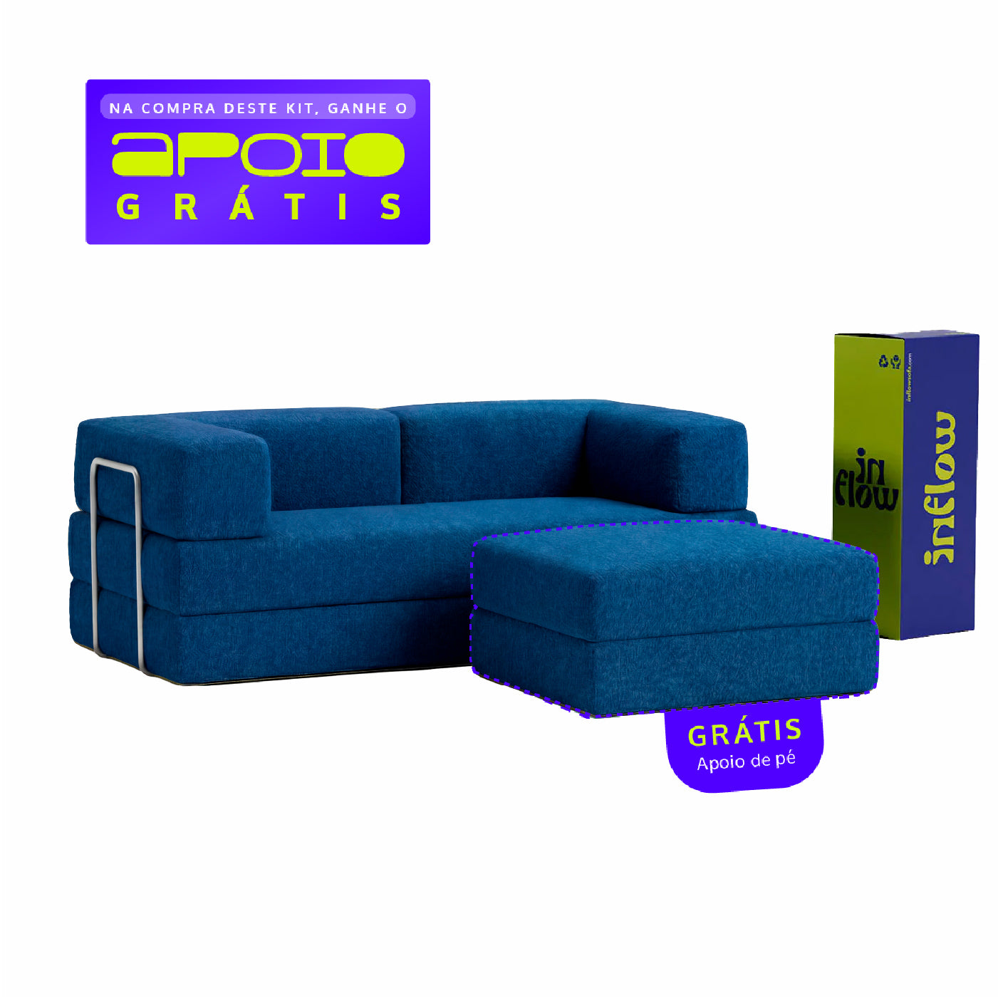 Sofá Cama Flowin com 1 Apoio de Pé em Boucle Azul Marinho