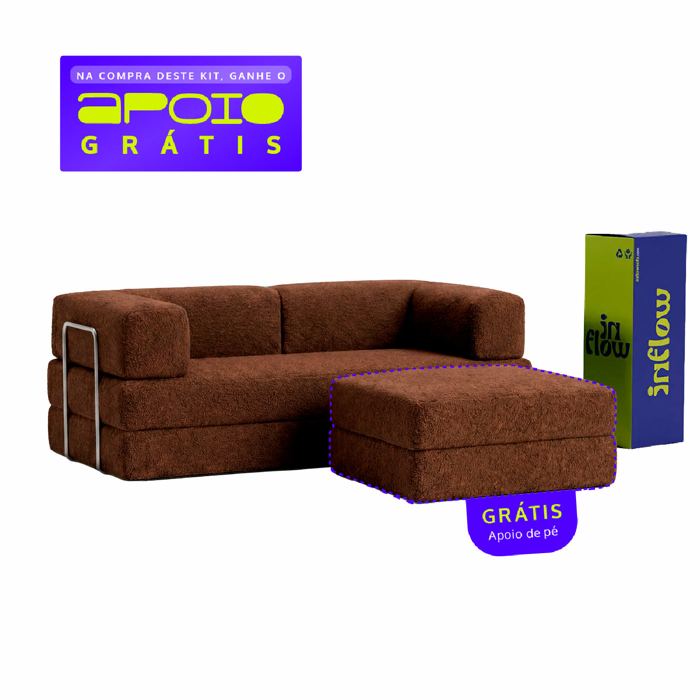 Sofá Cama Flowin com 1 Apoio de Pé em Boucle Plus Marrom