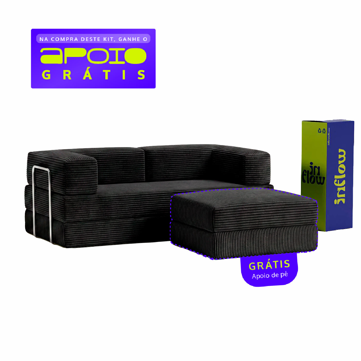 Sofá Cama Flowin com 1 Apoio de Pé em Cotele Black
