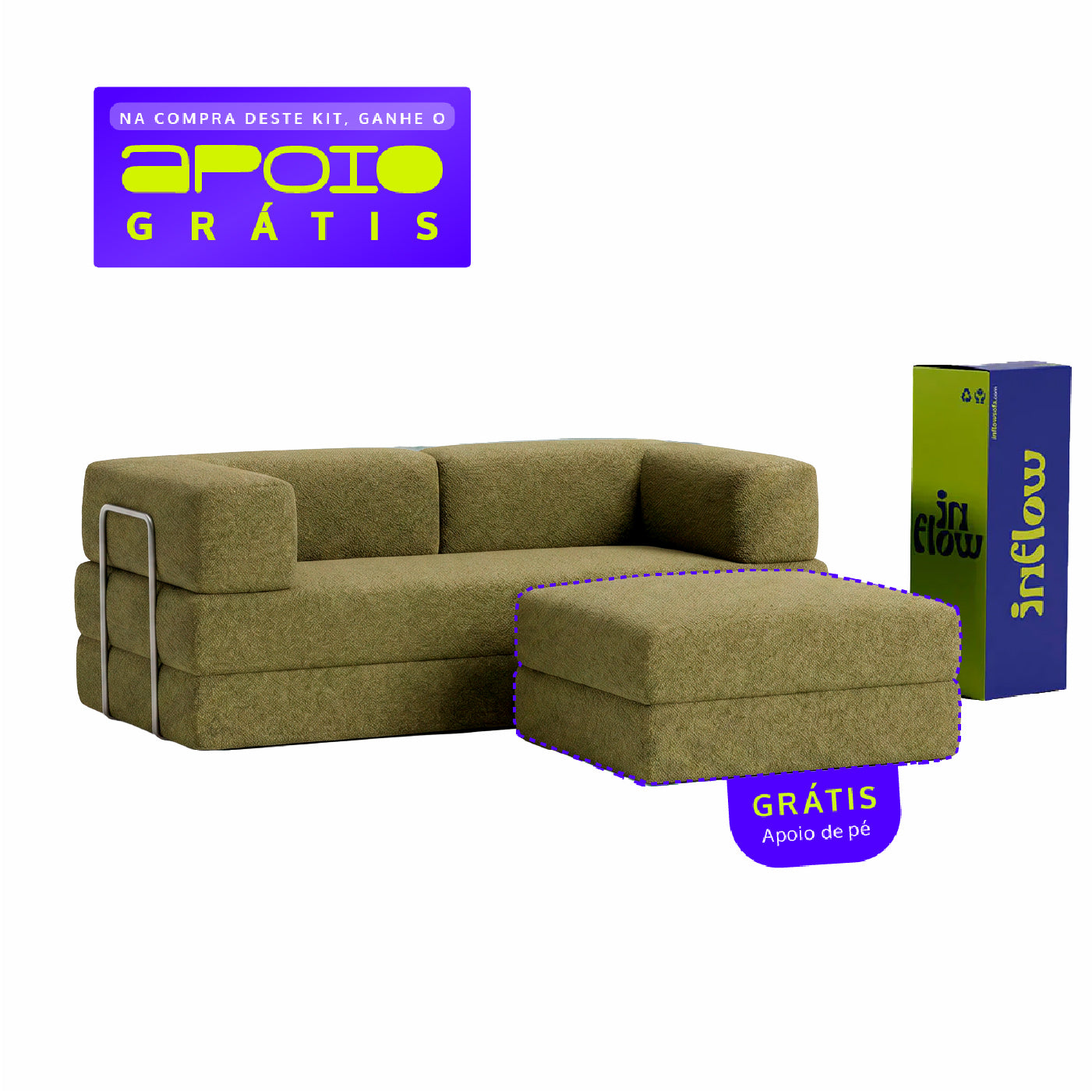 Sofá Cama Flowin com 1 Apoio de Pé em Boucle Plus Green
