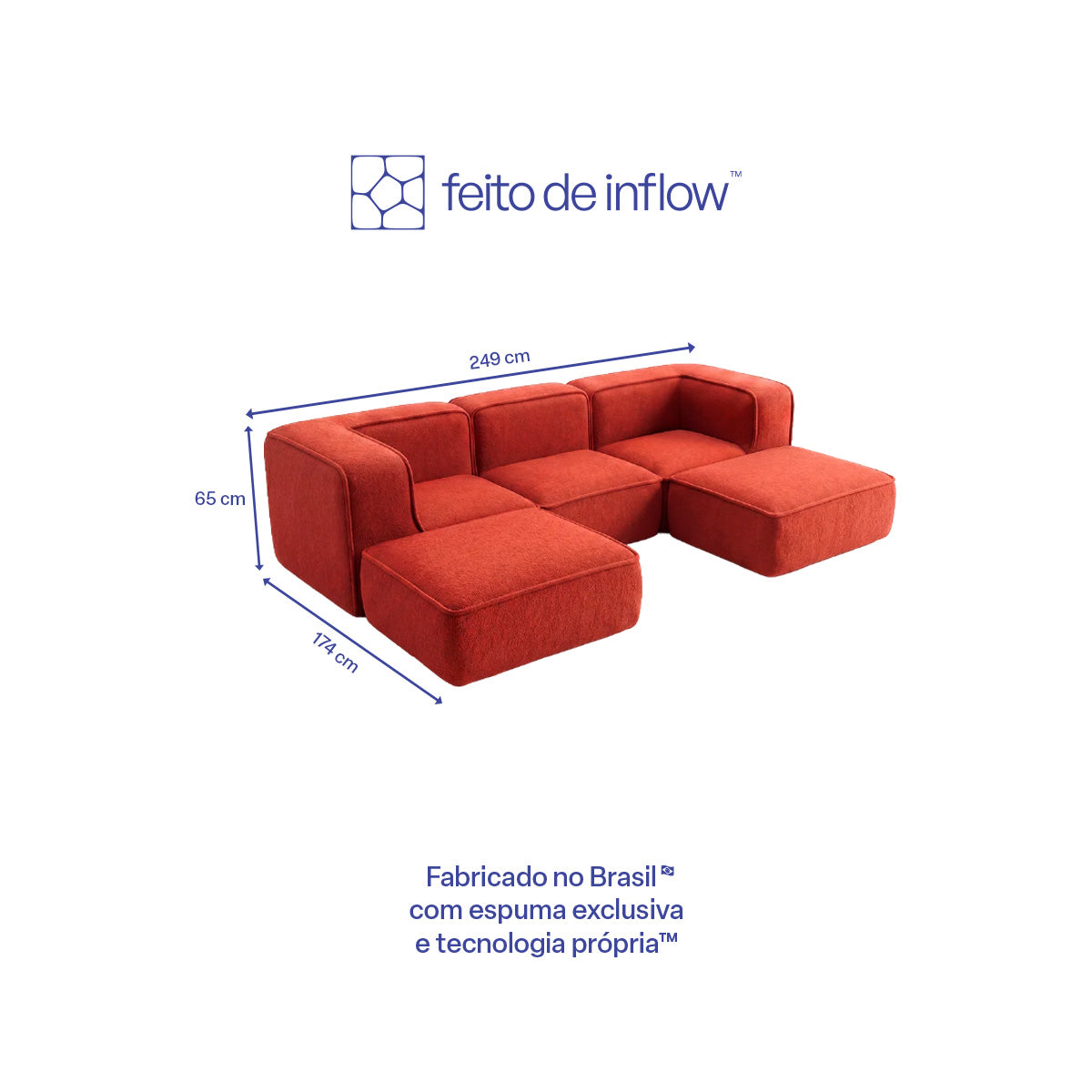 Sofá Modular Flow 3 Lugares 2 Cantos com 2 Apoios de Pé em Boucle Plus Terracota