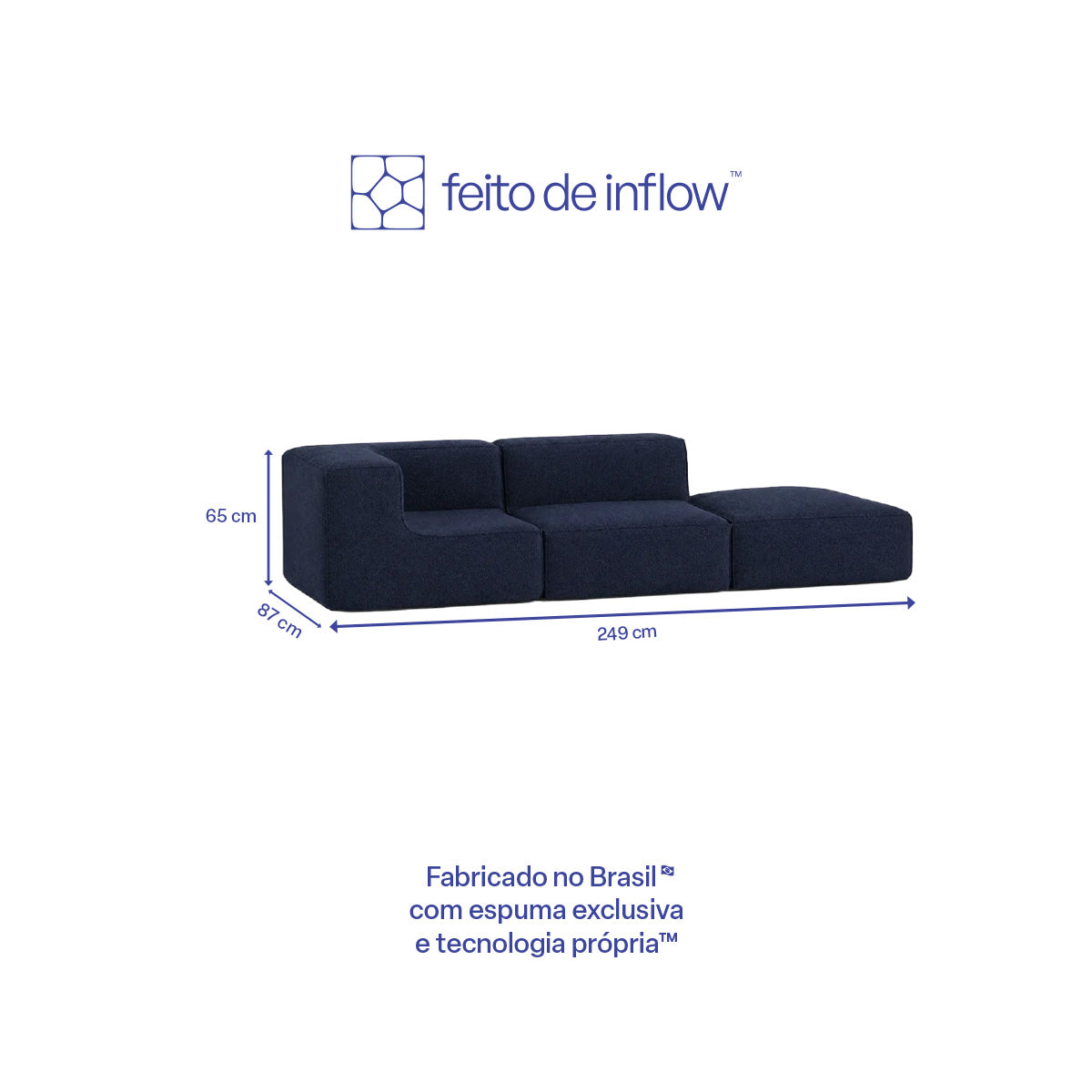 Sofá Modular Flow 2 Lugares 1 Canto com 1 Apoio de Pé em Boucle Azul Marinho