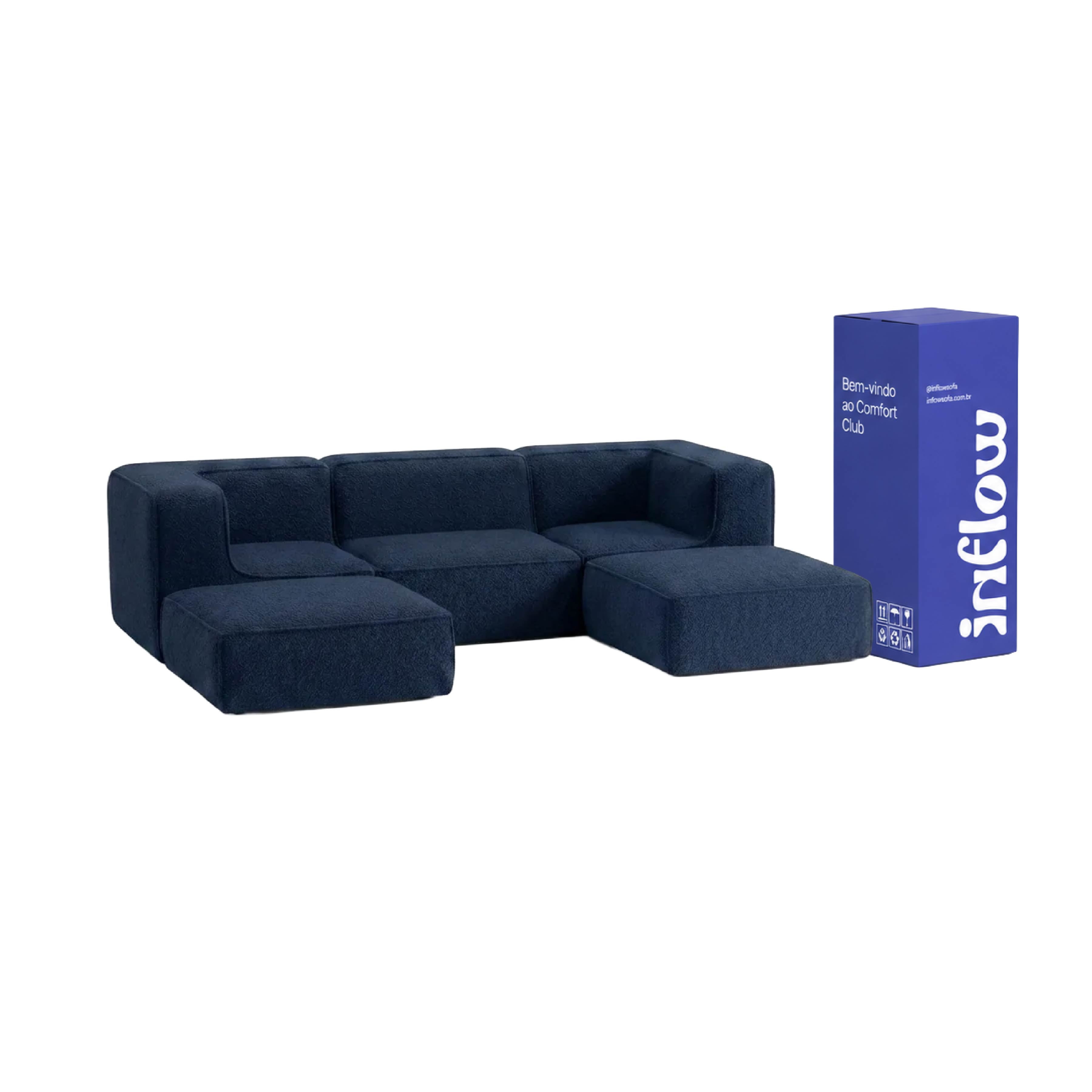Sofá Modular Flow 3 Lugares 2 Cantos com 2 Apoios de Pé em Boucle Azul Marinho