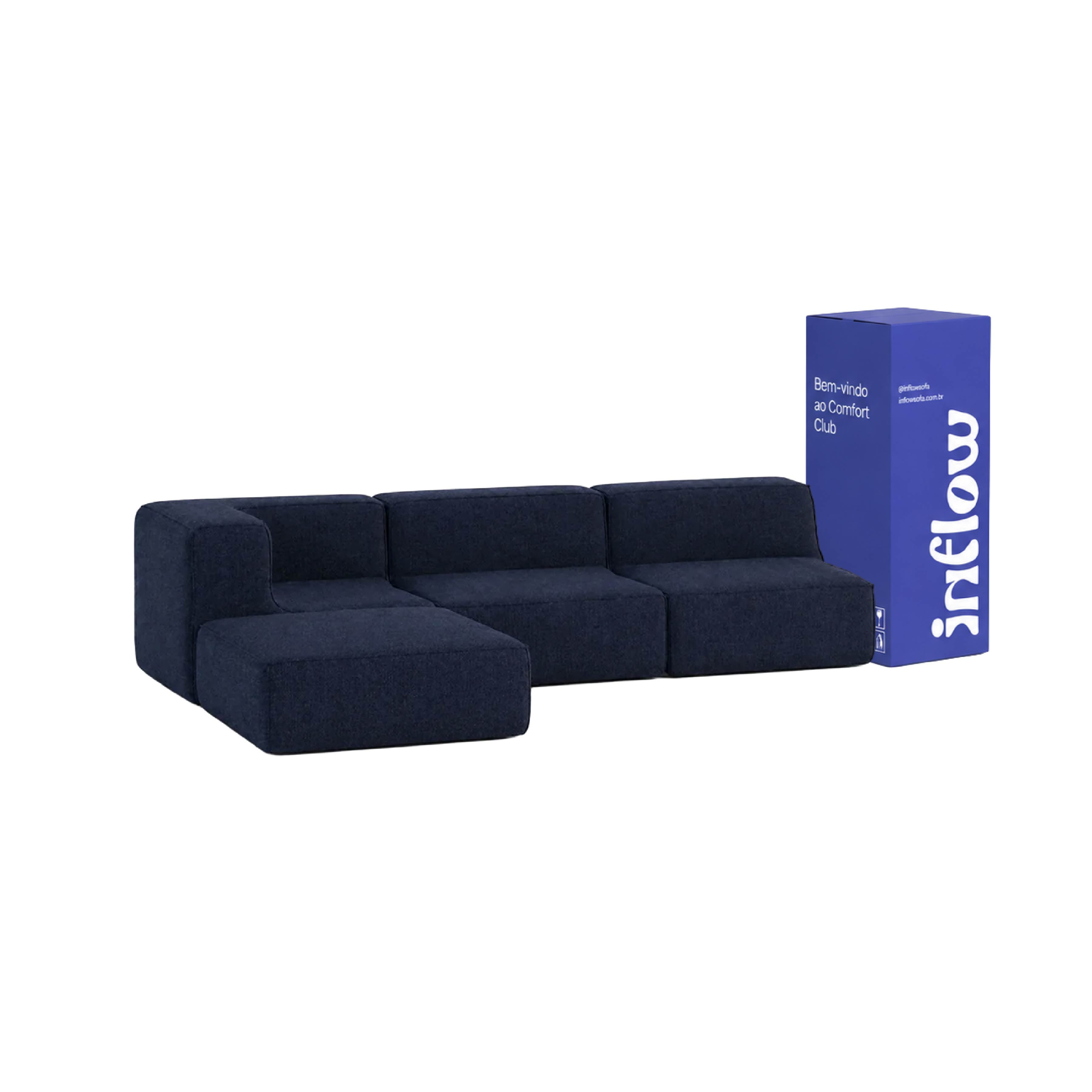Sofá Modular Flow 3 Lugares 1 Canto com 1 Apoio de Pé em Boucle Azul Marinho