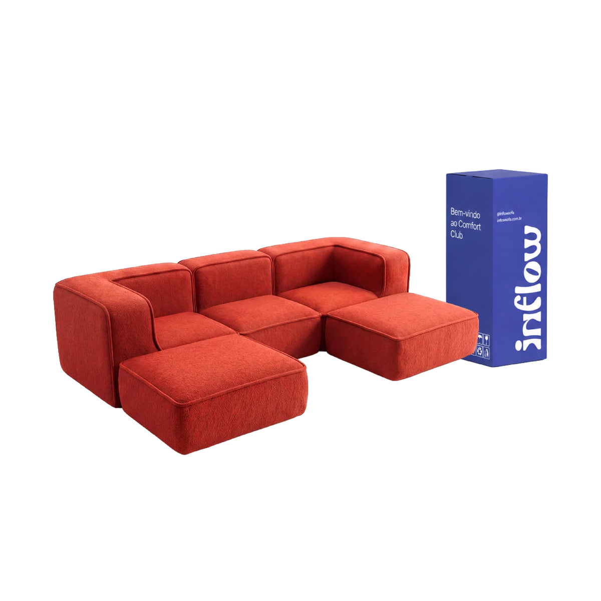 Sofá Modular Flow 3 Lugares 2 Cantos com 2 Apoios de Pé em Boucle Plus Terracota
